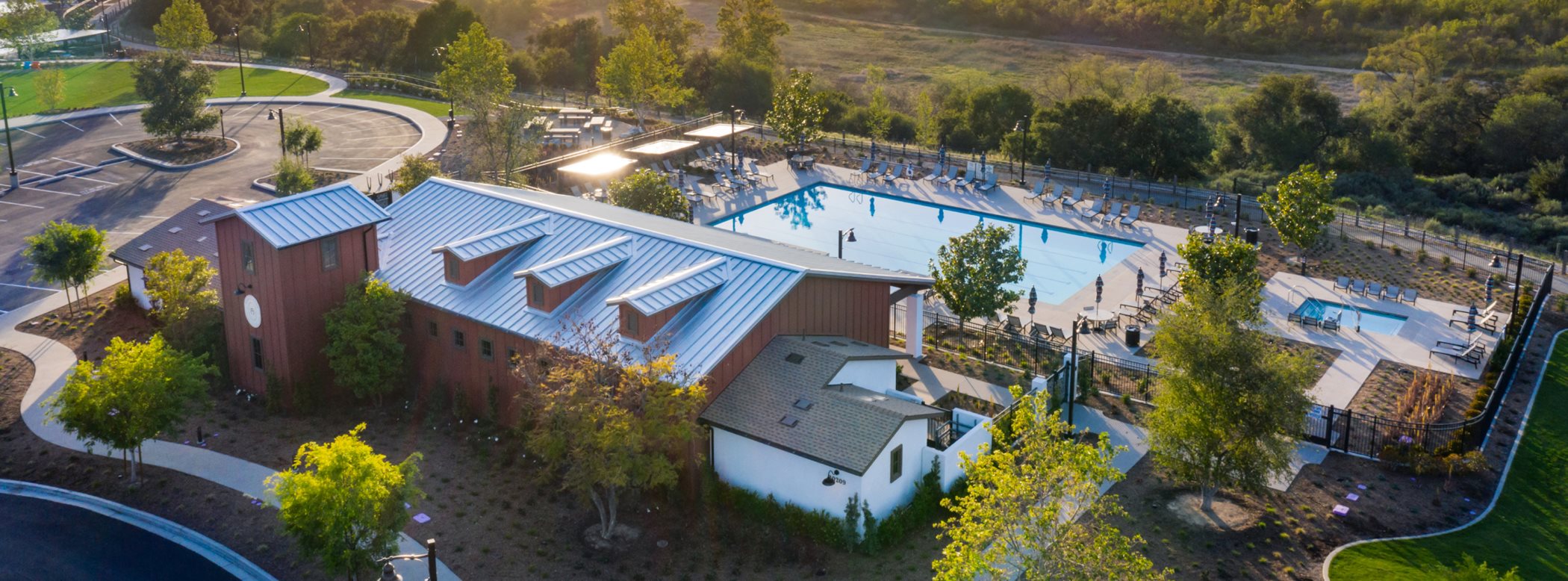 Aerial shot of the fitness center and pool